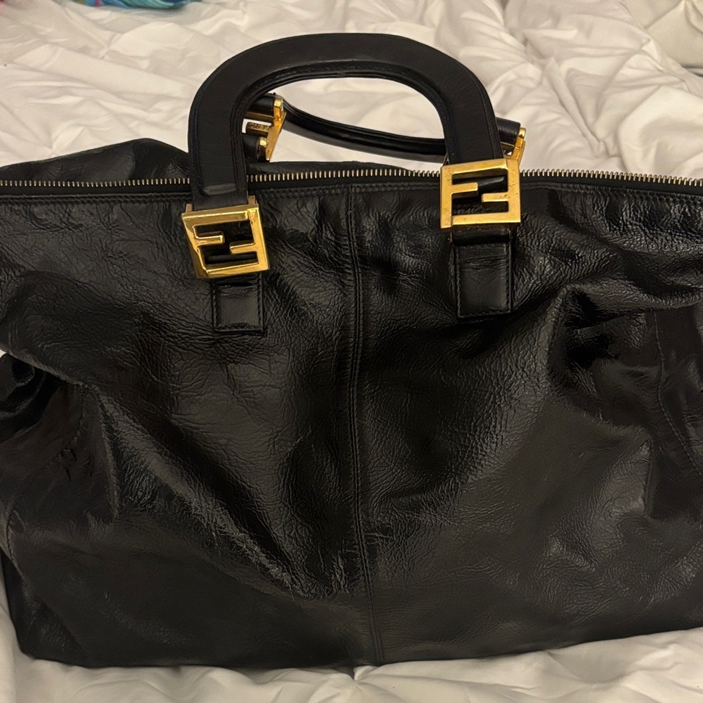 Fendi Black Leather with Gold Logo on Red Fabric